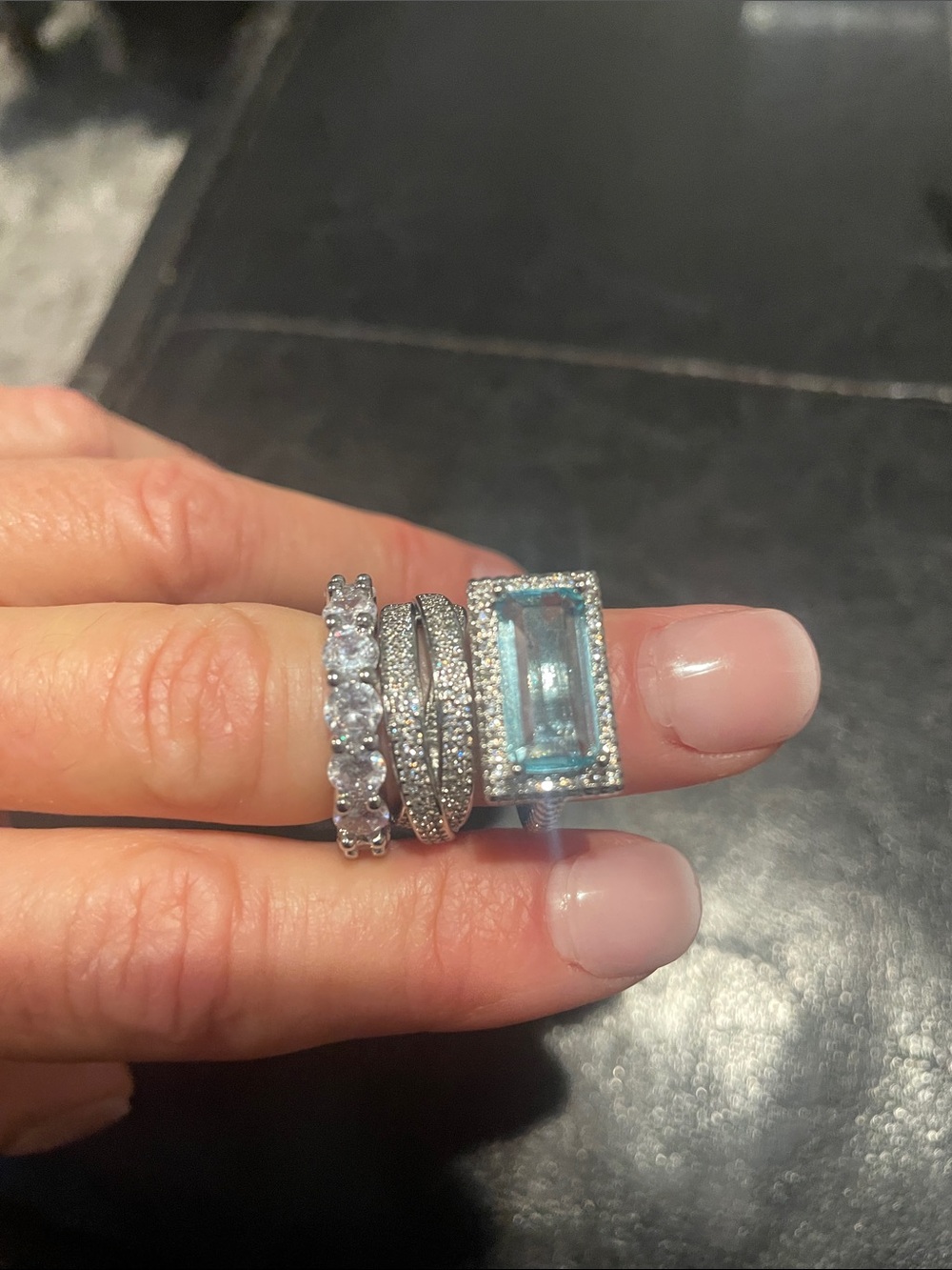 NWT 3 Piece Silver, Rhinestone and Blue Glass Set